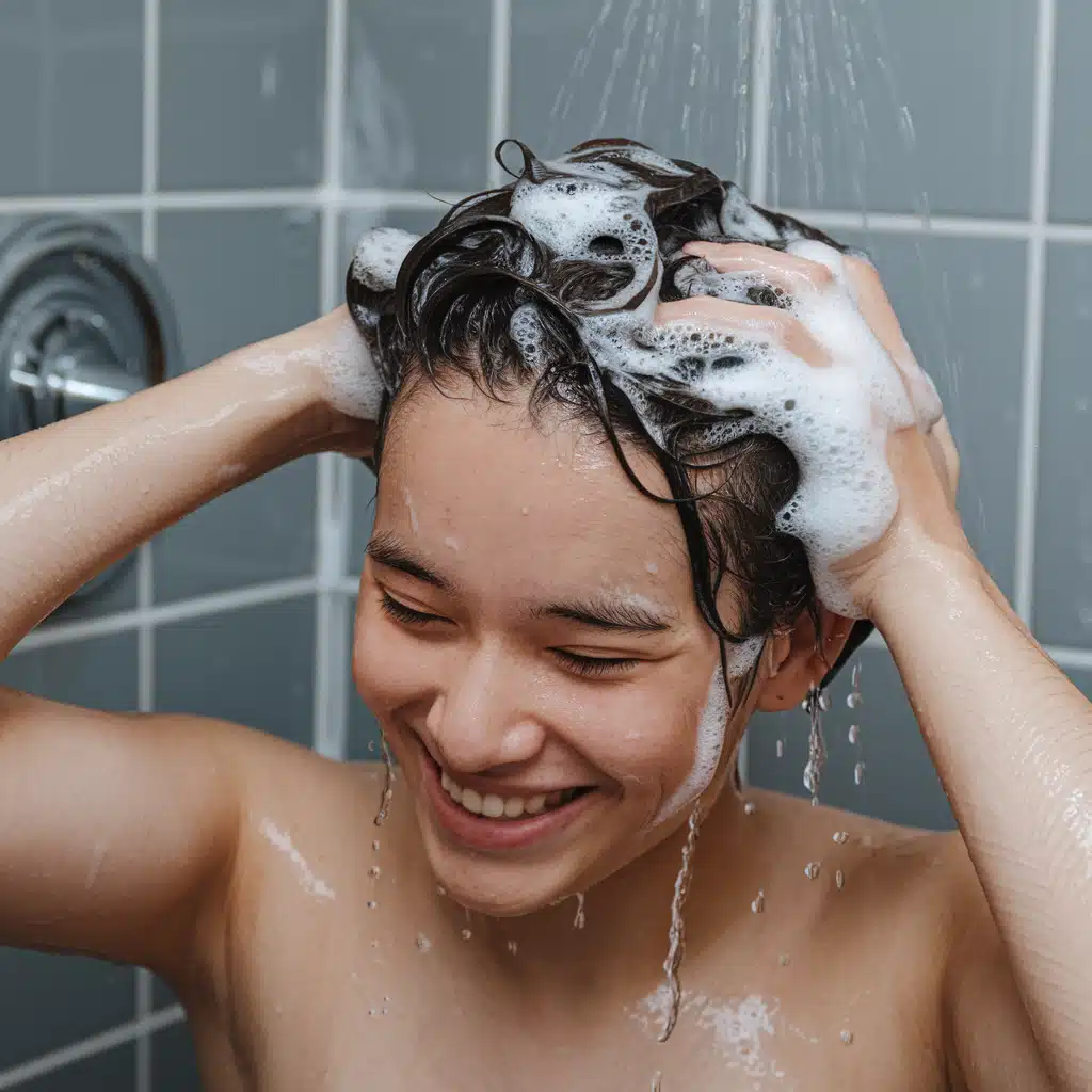 une personne qui se lave avec le sourire , dans une douche